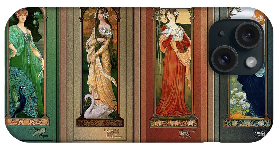 Peacock iPhone Case featuring the painting Elisabeth Sonrel Art Nouveau Maiden Bird Series by Rolando Burbon