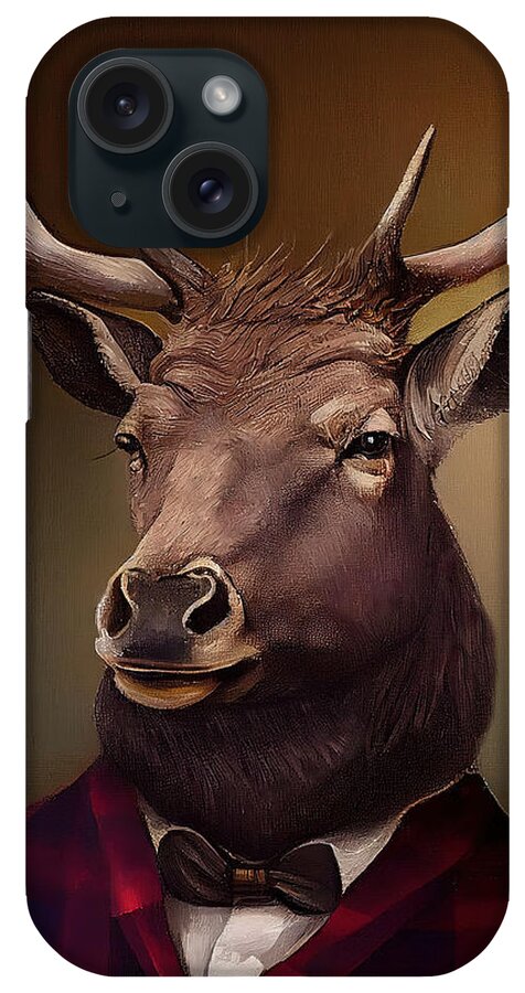 Bull iPhone Case featuring the painting Elk Having Drink by N Akkash