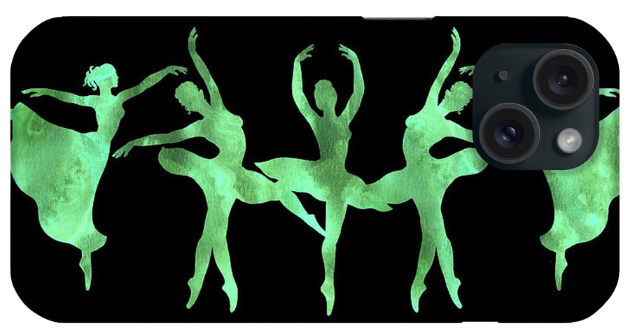 Ballerina iPhone Case featuring the painting Emerald Green Watercolor Ballerinas Silhouette On Black by Irina Sztukowski