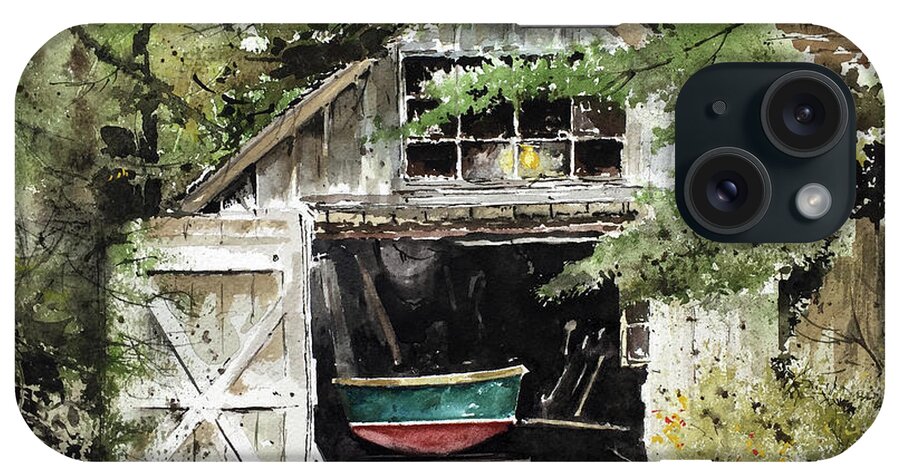 A Small Boat Rests On Sawhorses In A Tool Shed At Round Pond iPhone Case featuring the painting End Of The Season by Monte Toon