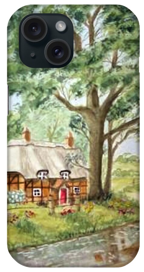 Cottage iPhone Case featuring the painting English Thatched Roof Cottage by Kelly Mills