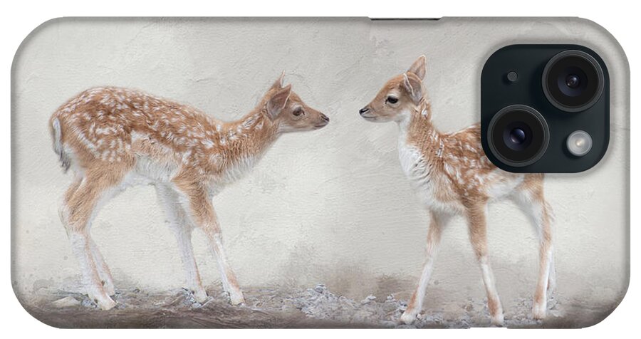 Eurasian Fallow Deer iPhone Case featuring the mixed media Eurasian Fallow Fawns Meet by Kathy Kelly
