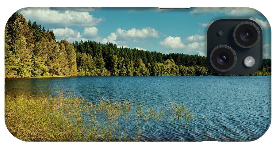 Blue iPhone Case featuring the photograph Evergreens Around Peaceful Lake by Darryl Brooks