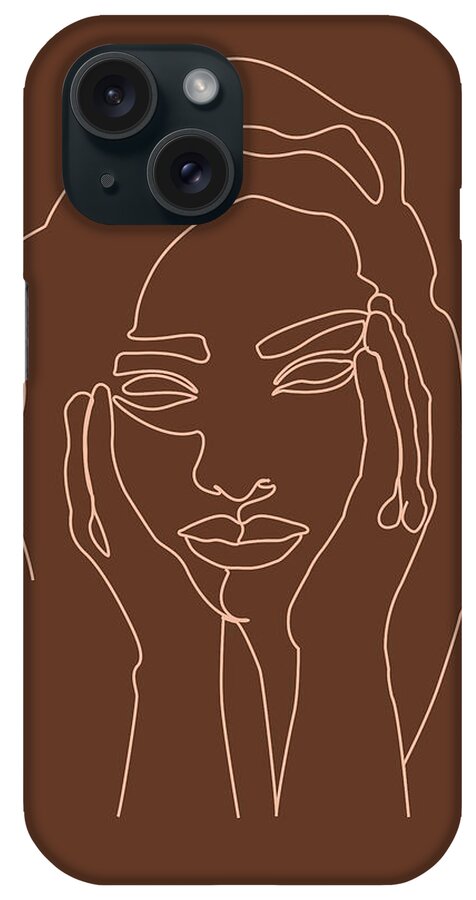 Portrait iPhone Case featuring the mixed media Face 05 - Abstract Minimal Line Art Portrait of a Girl - Single Stroke Portrait - Terracotta, Brown by Studio Grafiikka