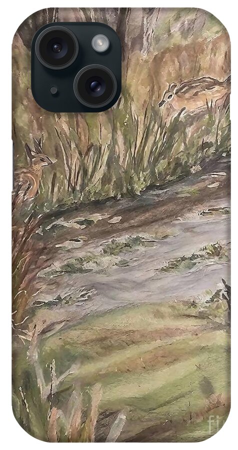 Buck iPhone Case featuring the painting Fall in the Meadow Painting buck morning creek deer doe fall field fog autumn marsh art autumn background bayou bog branches cloud drawing environment foliage forest grass green hand drawn lake by N Akkash