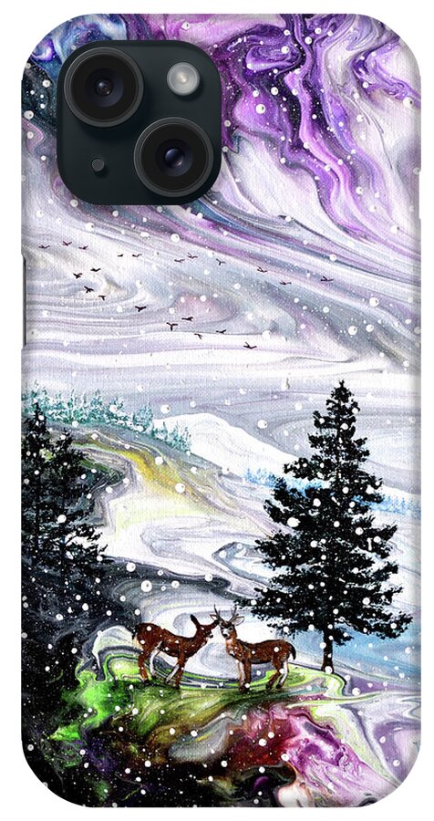 Pine Tree iPhone Case featuring the painting Falling Snow on the Mountains by Laura Iverson