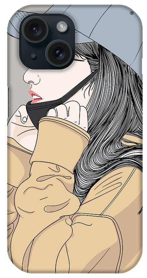 Graphic iPhone Case featuring the digital art Fashion Girl Wearing A Face Mask - Line Art Graphic Illustration Artwork by Sambel Pedes