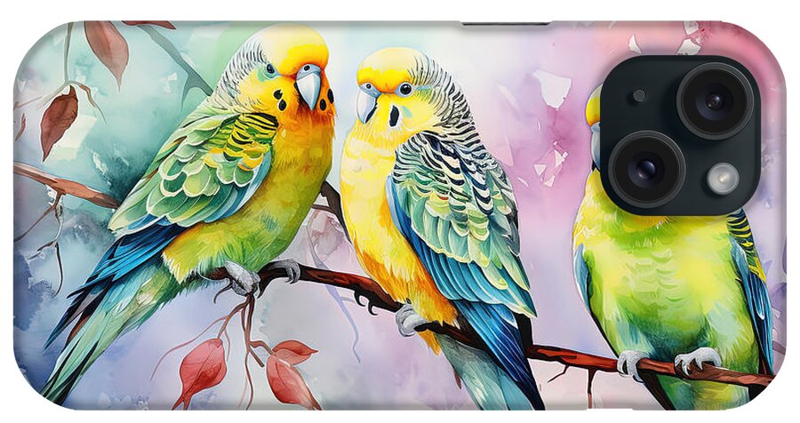 Colorful Parakeet Art iPhone Case featuring the painting Feathery Friends - Charming Parakeet Art for Any Room by Lourry Legarde
