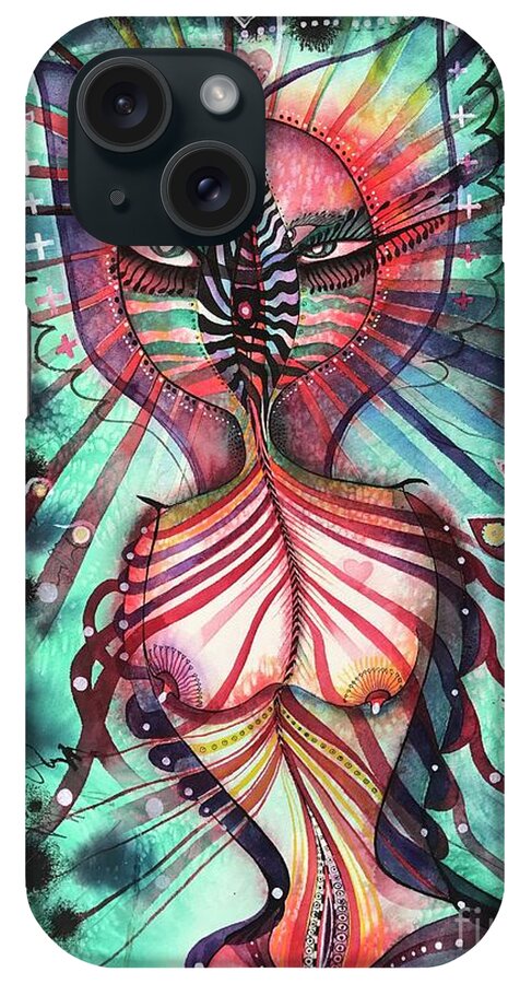 #felinegalaxygoddess #watercolor #painting #iconseries #fantasyart #alienart #symbolicart #cosmicart iPhone Case featuring the painting Feline Galaxy Goddess by Glen Neff