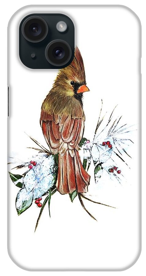 Birds In Winter iPhone Case featuring the mixed media Female Cardinal by Judi Hendricks