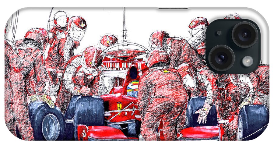 Ferrari iPhone Case featuring the drawing Ferrari a boxes, pits, Original handmade drawing by Drawspots Illustrations