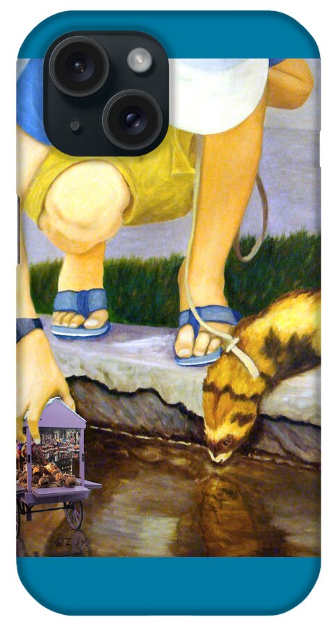Ferret iPhone Case featuring the digital art Ferret and Boy with Toy Cart by Karen Zuk Rosenblatt