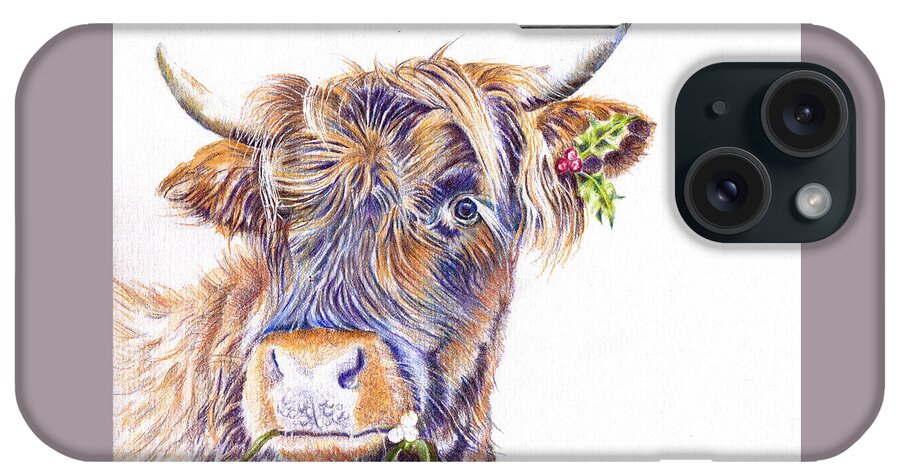 Highland Cattle iPhone Case featuring the painting Festive Highland Cow by Debra Hall