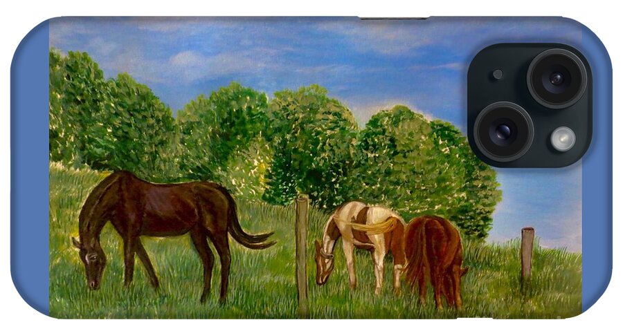 Bright Sunny Grassy Field Grasses Thoroughbred Stallion Horses Blount County iPhone Case featuring the painting Field of Horses' Dreams by Kimberlee Baxter
