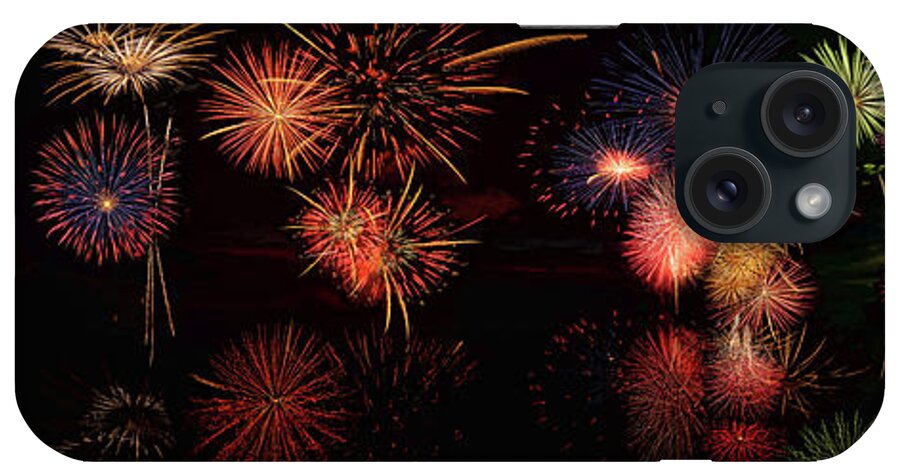 Olena Art iPhone Case featuring the digital art Fireworks Reflection Panorama by OLena Art by Lena Owens - Vibrant DESIGN