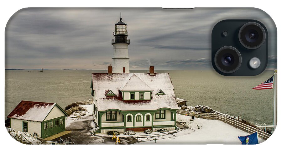 Cape Elizabeth Lighthouse iPhone Case featuring the photograph First Snow, Cape Elizabeth Lighthouse by Veterans Aerial Media LLC