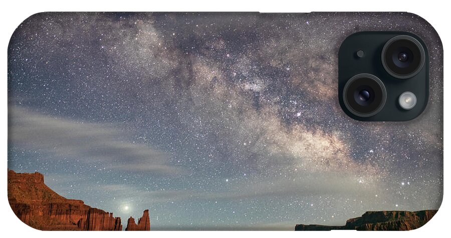 Moab Utah Desert Colorado Plateau Milky Way Night Professor Valley Castle Valley iPhone Case featuring the photograph Fisher Towers and the Milky Way by Dan Norris