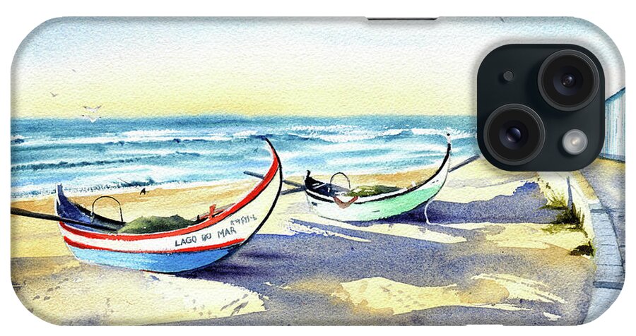 Portugal iPhone Case featuring the painting Fishing Boats at Mira Beach in Portugal by Dora Hathazi Mendes