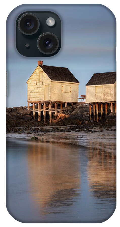 #fishing#shacks#ocean#willard#beach#twilight#maine#seascape#suns iPhone Case featuring the photograph Fishing Shacks Aglow by Darylann Leonard Photography