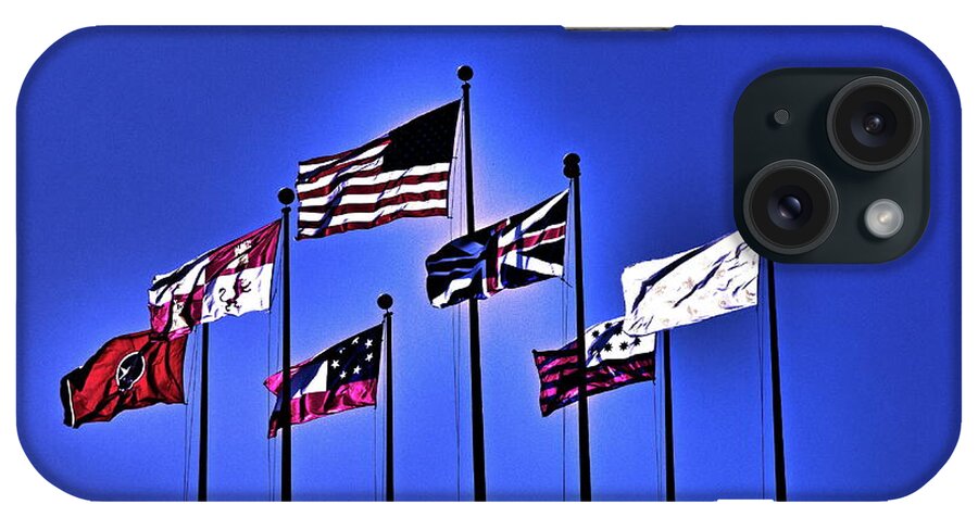 America iPhone Case featuring the digital art Flags Against A Dark Blue Sky by David Desautel