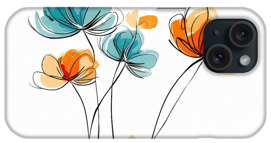 Turquoise And Orange iPhone Case featuring the painting Fluid Florals - Turquoise and Orange Flowers Art by Lourry Legarde