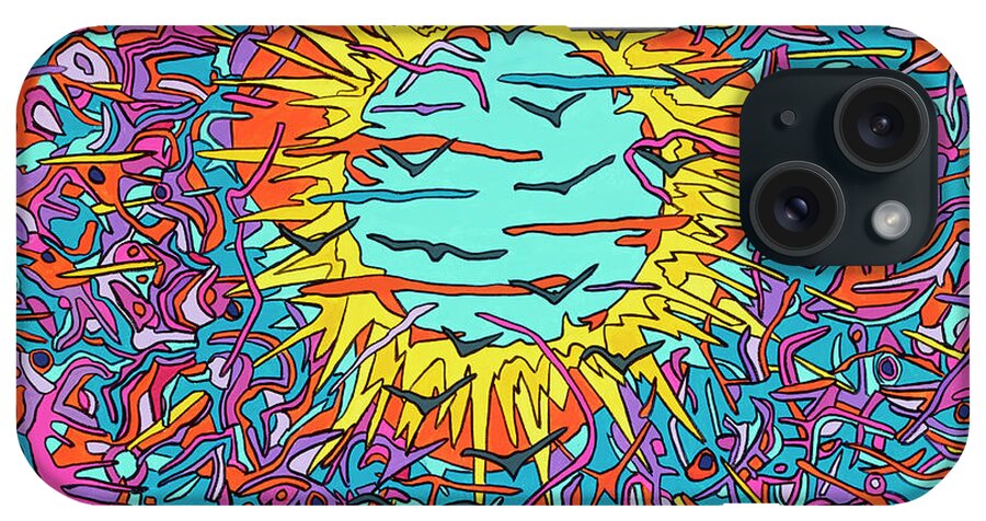 Flying Psychedelic Pop Art Colorful Sun iPhone Case featuring the painting Flying through the Sun by Mike Stanko