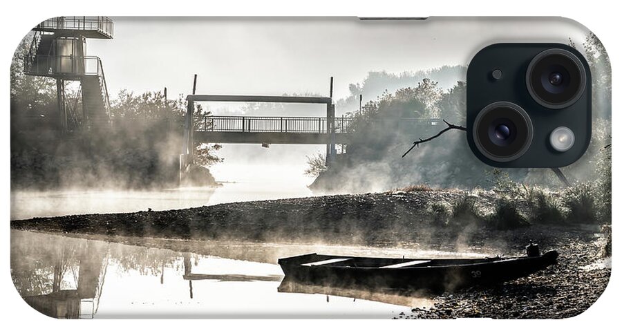 Anchor iPhone Case featuring the photograph Foggy Landscape With Boats On River Bank And Bridge In River Danube National Park In Austria by Andreas Berthold