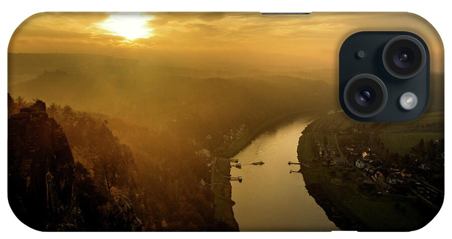 Saxon Switzerland iPhone Case featuring the photograph Foggy sunrise at the Elbe by Sun Travels