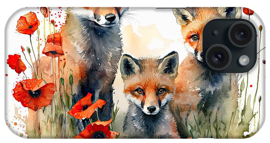 Fox Cubs iPhone Case featuring the painting Fox Cubs Childhood by My Head Cinema