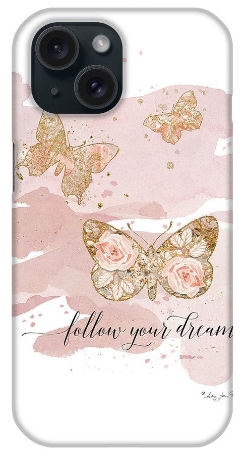 Blush Pink Gold Butterfly iPhone Case featuring the painting Free Spirit Butterflies Follow Your Dreams Blush Peach Rose Gold by Audrey Jeanne Roberts