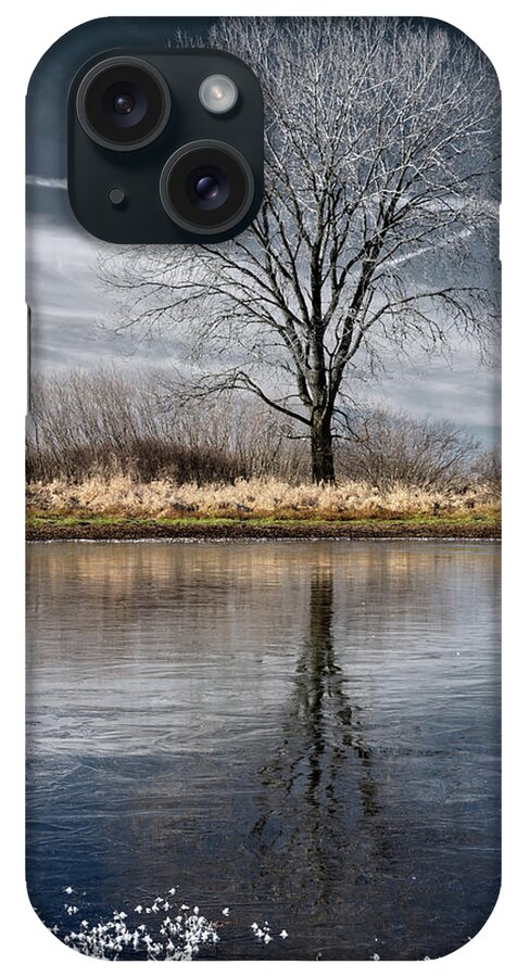 Frost iPhone Case featuring the photograph Frozen pond and frosted tree with reflection at Harveys Marsh in Wisconsin by Peter Herman