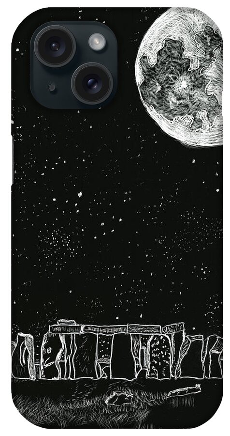Moon iPhone Case featuring the drawing Full moon over Stonehenge by Branwen Drew