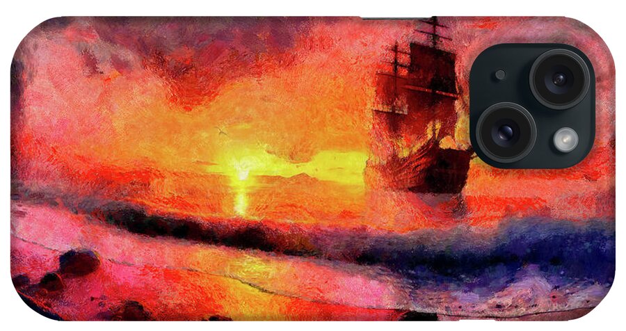 Galley And The Sunset iPhone Case featuring the digital art Galley and the Sunset by Caito Junqueira