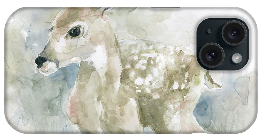 Watercolor Soft Blue Blush Neutral Deer Fawn Wildlife Baby Animal iPhone Case featuring the painting Garden Friends Deer by Carol Robinson