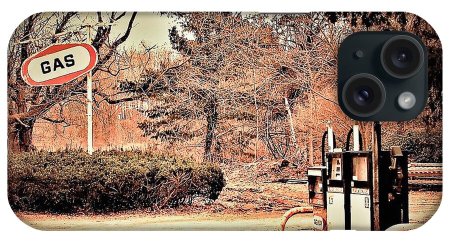 Gas Station Pumps Trees Metal iPhone 15 Case featuring the photograph Gas Station by John Linnemeyer