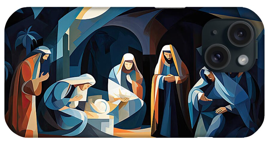 Nativity iPhone Case featuring the painting Geometric Faith - Modern Art Retells the Nativity in Vibrant Splendor by Lourry Legarde
