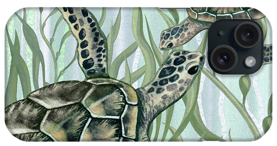 Art For Beach House Decor Ocean Seaweed Giant Turtle Swimming iPhone Case featuring the painting Giant Turtles Swimming In The Seaweed Under The Ocean Watercolor Painting IV by Irina Sztukowski