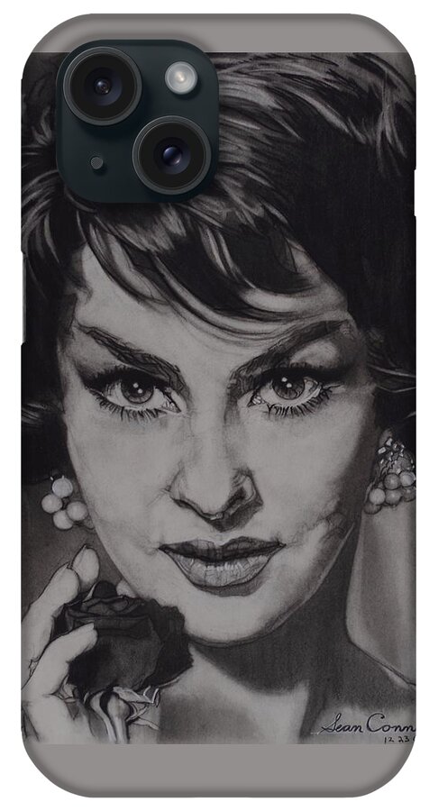 Charcoal Pencil On Paper iPhone Case featuring the drawing Gina Lollobrigida by Sean Connolly