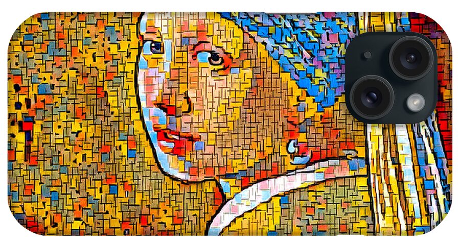 Girl With A Pearl Earring iPhone Case featuring the digital art Girl with a Pearl Earring by Johannes Vermeer, in the style of Piet Mondrian Composition by Nicko Prints
