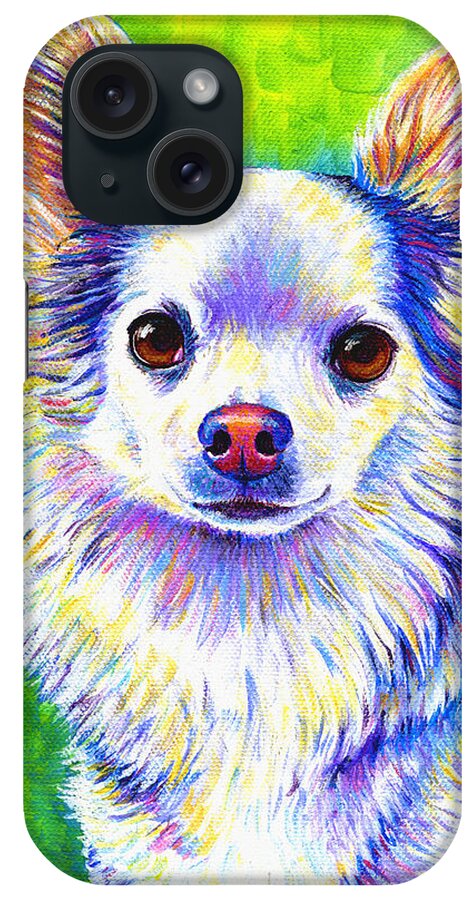 Chihuahua iPhone Case featuring the painting Colorful Cute Longhaired Chihuahua Dog by Rebecca Wang