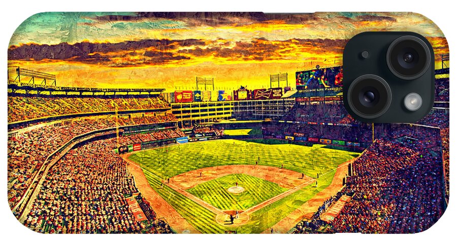 Globe Life Park iPhone Case featuring the digital art Globe Life Park in Arlington, Texas, at sunset - digital painting by Nicko Prints