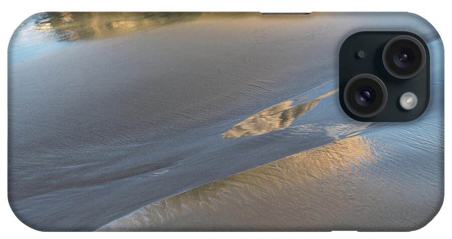 Abstract iPhone Case featuring the photograph Golden and light blue reflections on the sandy beach 1 by Adriana Mueller