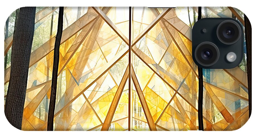 Modern A Frame Cabins iPhone Case featuring the painting Golden Color Scheme in the Woods _Triangle by Lourry Legarde