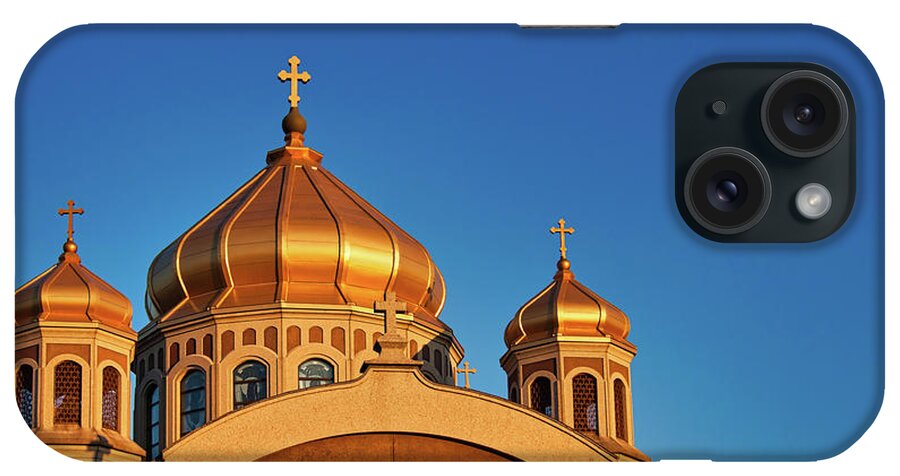 Church iPhone Case featuring the photograph Golden cupolas by Tatiana Travelways