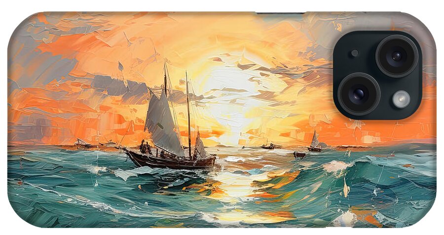 Turquoise And Orange iPhone Case featuring the digital art Golden Hour Sailboats - Coastal Art by Lourry Legarde