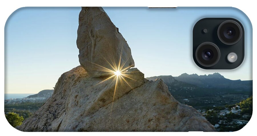 Mountain Landscape iPhone Case featuring the photograph Golden sunbeams, rocks and blue sky by Adriana Mueller