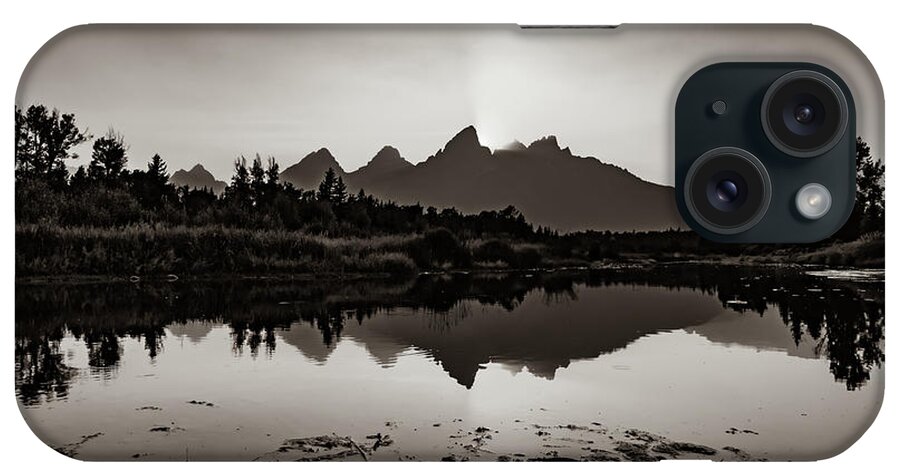 Teton Mountains iPhone Case featuring the photograph Grand Teton Mountain Range Sunset Reflections Along The Snake River - Sepia Edition by Gregory Ballos