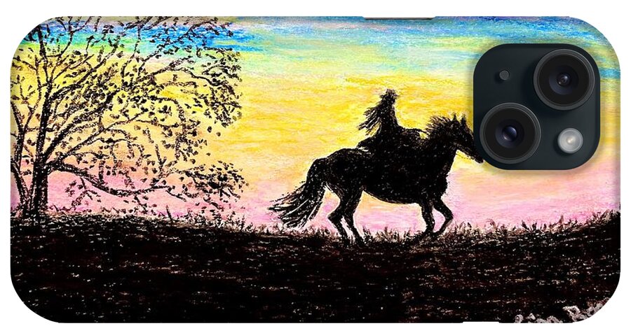 Horse Sunset iPhone Case featuring the painting Grandaughter on a horse by Lisa Rose Musselwhite