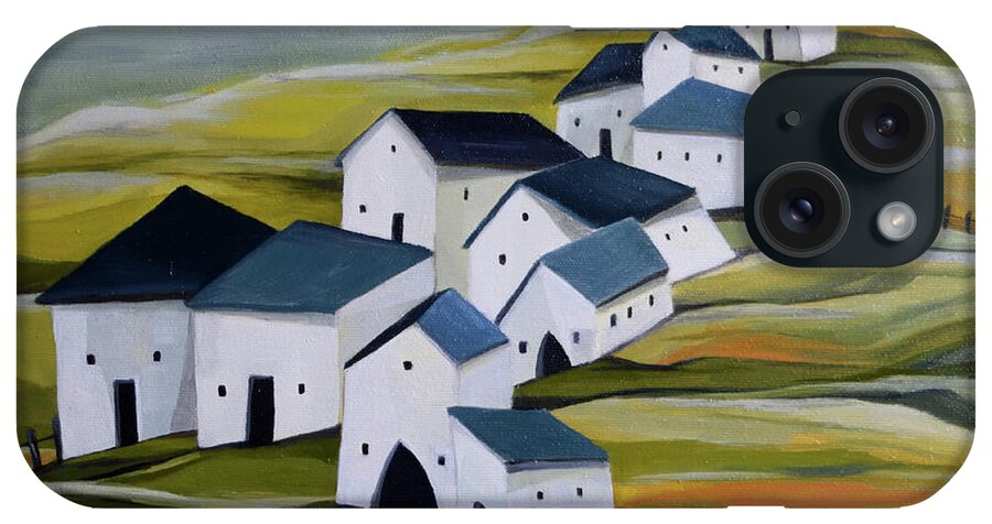 Semi-abstract Landscape iPhone Case featuring the painting Grandma's village by Aniko Hencz