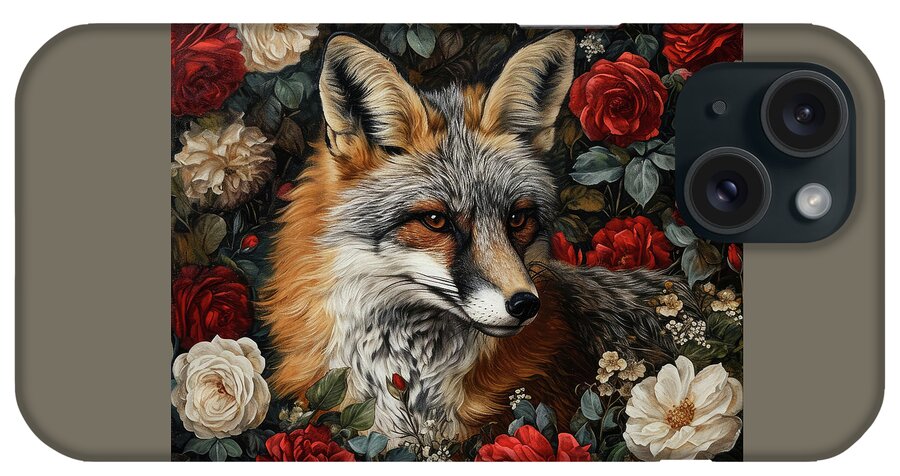Gray Fox iPhone Case featuring the painting Gray Fox And Roses by Tina LeCour